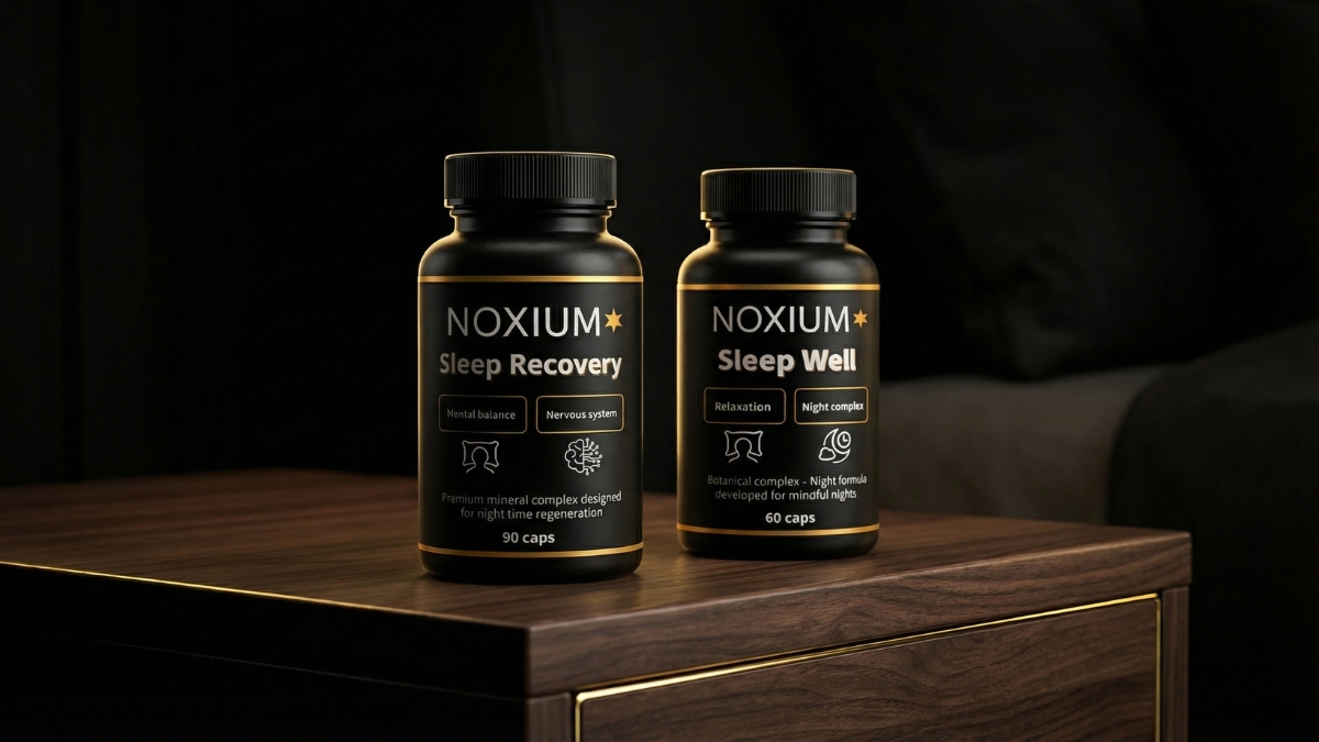 Noxium produkty Sleep Recovery a Sleep Well na nočním stolku